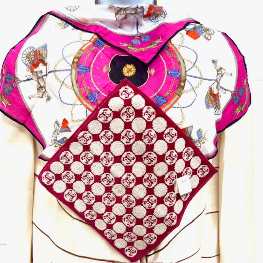 Set of 2 Celine Paris 1 Handkerchief 19" Cotton +1 Hand Towel 10" pink horse(67) - Picture 3 of 7